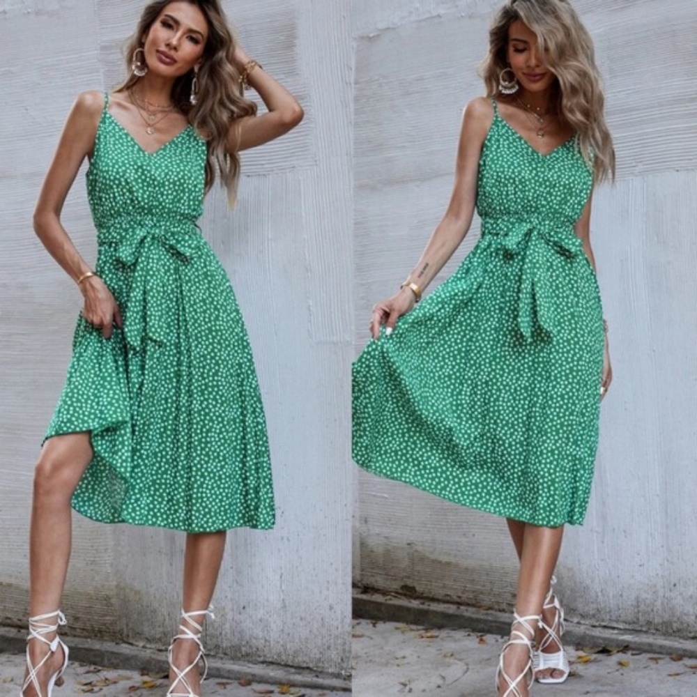 Boho Polka Dot Belted V neck Cami Dress Yellow - Picture 4 of 12